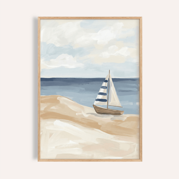 Décoration murale « Voilier sur la plage » en bleu, blanc et beige pour le salon