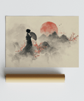 Poster mural oriental avec soleil rouge et ciel beige pour décorer votre salon