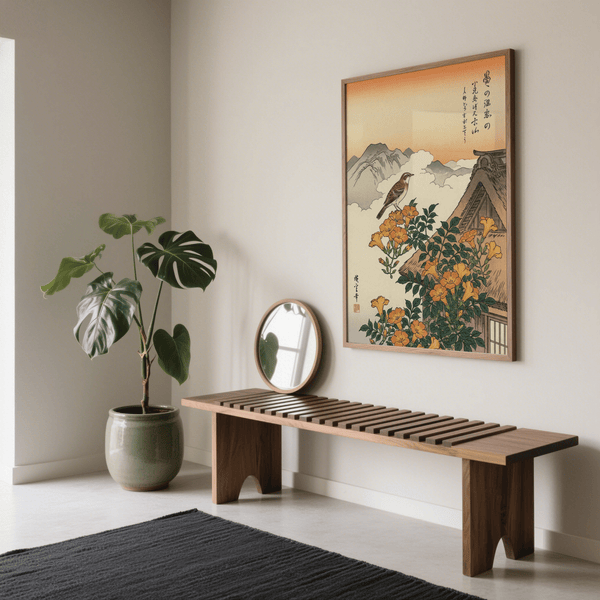 Affiche vintage représentant un paysage montagneux avec des fleurs orange et un feuillage vert, idéale pour un couloir.