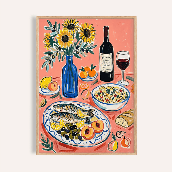 Impression décorative « Vin et fruits de mer », couleurs rose et bleu, décoration murale pour cuisine