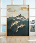 Affiche moderne représentant des dauphins dans des tons bleu et or, à accrocher dans un couloir.