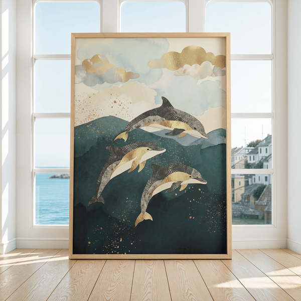 Affiche moderne représentant des dauphins dans des tons bleu et or, à accrocher dans un couloir.