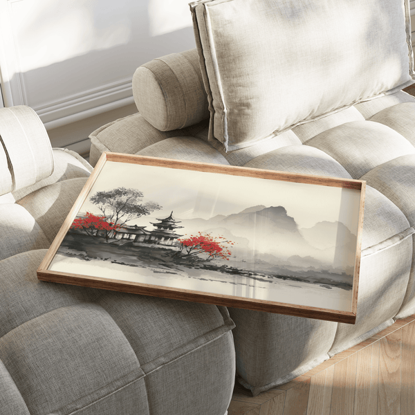 Impression artistique représentant un paysage chinois serein aux couleurs traditionnelles, idéale pour un bureau à domicile.