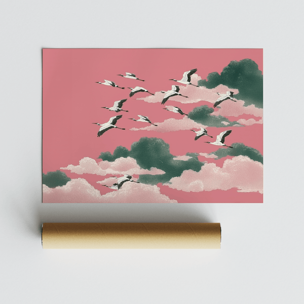 Décoration murale rose avec des grues en vol, nuages verts pour décorer votre salon