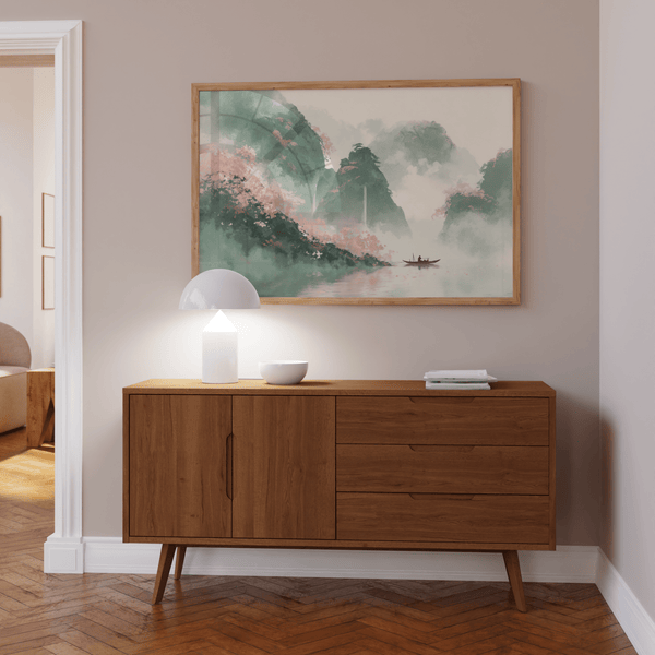 Impression artistique représentant un paysage montagneux avec des motifs naturels pour décorer une chambre d'amis