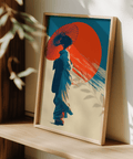 Impression pop art colorée représentant une geisha japonaise avec un soleil rouge, pour décorer les murs d'un bureau à domicile créatif.