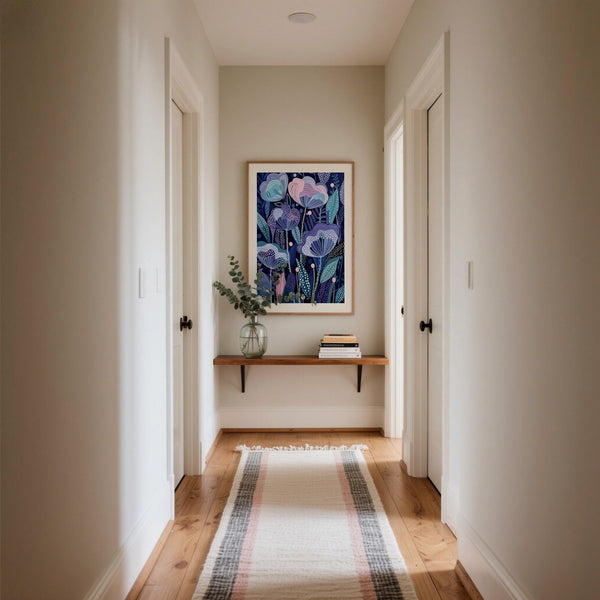 Affiche Purple Flower inspirée de Kusama, dans des tons bleus et pastel mélancoliques.