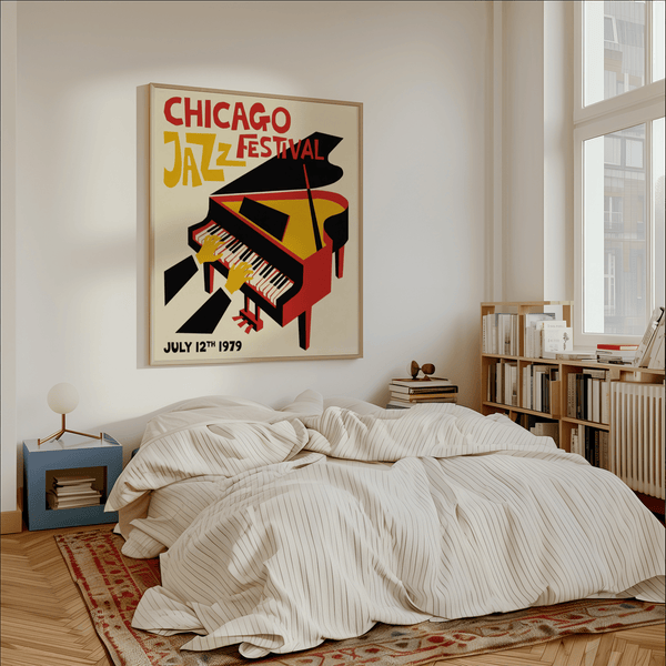 Affiche du festival de jazz, impression artistique colorée en jaune, rouge et noir pour les pièces d'inspiration rétro