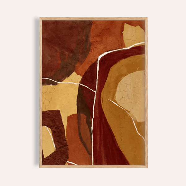Impression abstraite aux tons ocres, orange, marron, rouge et beige pour décorer les murs de votre salon.