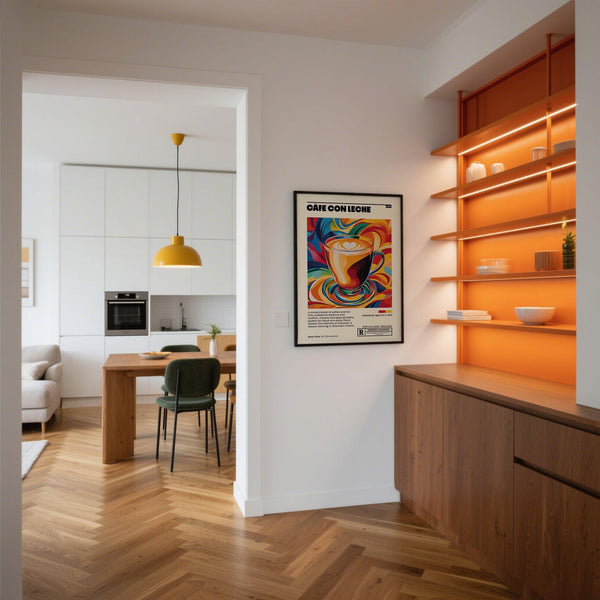 Fond abstrait arc-en-ciel mettant en valeur un café au lait dans un style moderne.