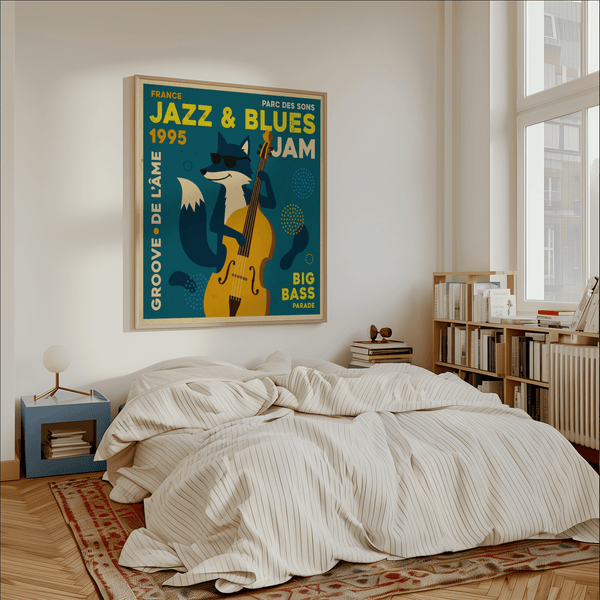 Impression artistique Jazz Blues en vert et jaune vif pour décorer les murs d'une salle d'étude