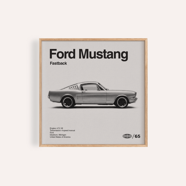 Impression artistique Ford Mustang en noir et blanc pour décorer les murs de votre salon