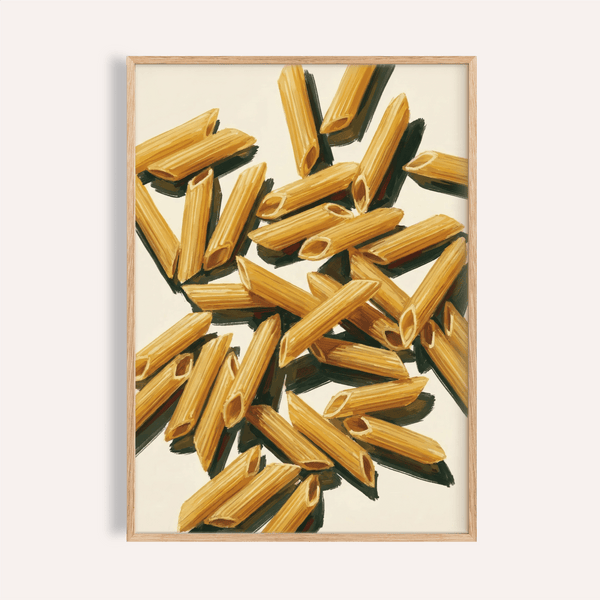 Poster décoratif pour cuisine représentant des pâtes penne, imprimé en beige et jaune