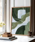 Art mural abstrait vert pour bureau, dans des tons verts, blancs et bleus