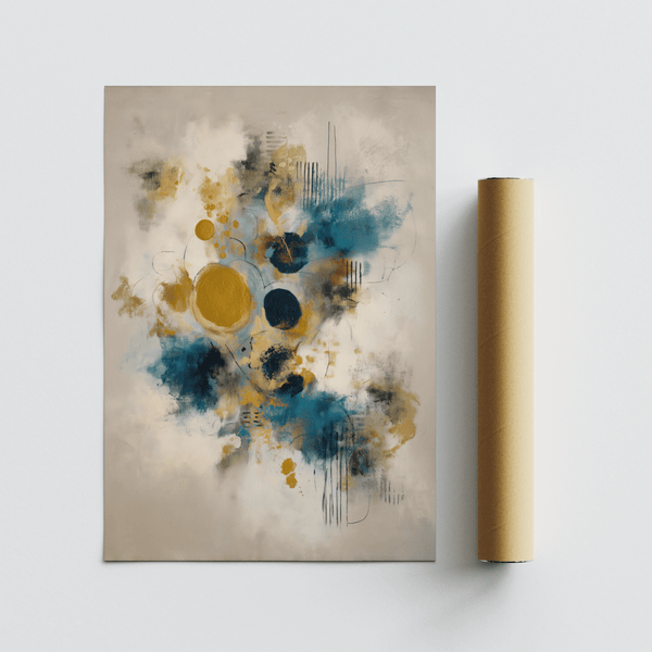 Impression d'art moderne en bleu, or et beige pour décorer les murs d'un bureau