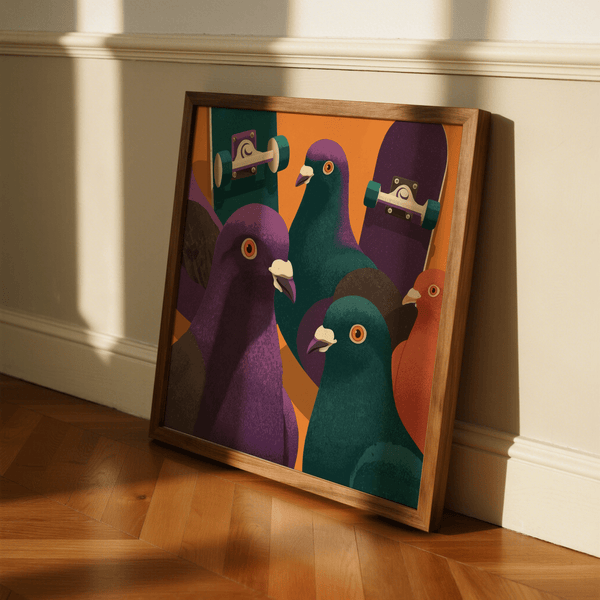 Impression artistique Pigeon Skateboard sur le thème du skateboard pour chambre d'adolescent, avec des accents noirs et verts.