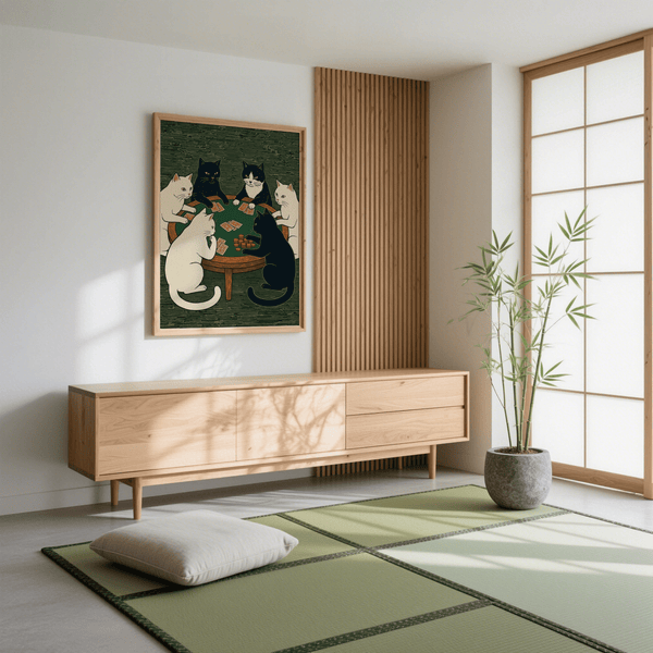 Impression artistique Cat Poker utilisant le noir, le blanc et le marron, idéale pour décorer les murs d'une salle de jeux.