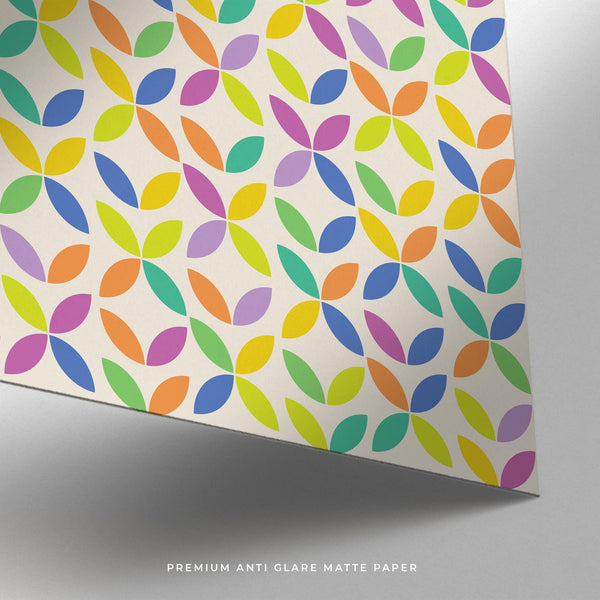 Living room art print showing a colorful Bauhaus poster with multicolor petals and Bauhaus typography.