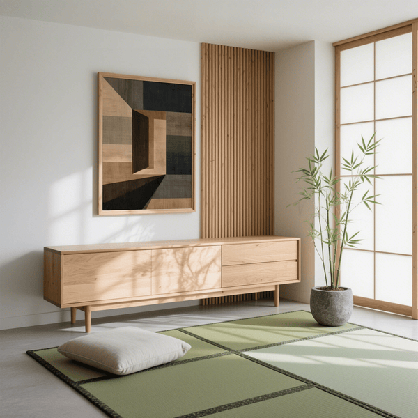 Impression artistique abstraite géométrique avec bords marron pour décorer votre salon