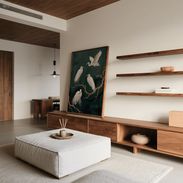 Élégant tableau artistique représentant des aigrettes et des branches dorées pour chambre à coucher