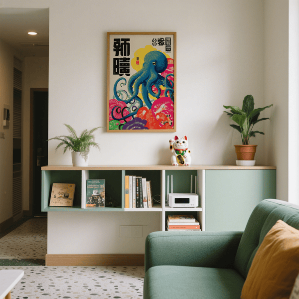 Impression artistique « Octopus » colorée, tons bleus et jaunes, conçue pour la chambre d'enfant