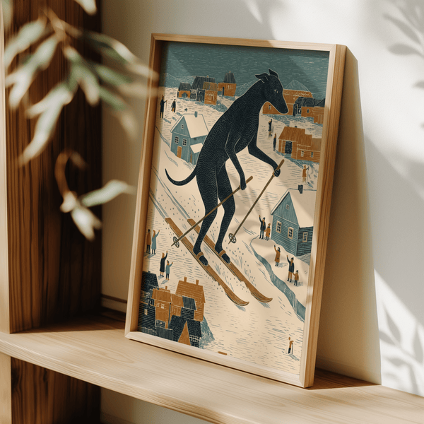 Impression artistique unique représentant un chien skieur, en bleu, beige et noir, pour décorer votre chalet de ski.