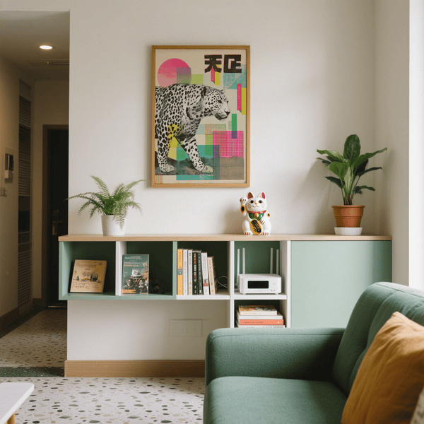 Impression artistique abstraite représentant un léopard, couleurs principales rose et jaune, convient parfaitement comme décoration murale dans un couloir.