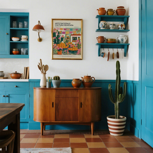 Scène traditionnelle mexicaine avec des fruits représentée dans une décoration murale pour cuisine.