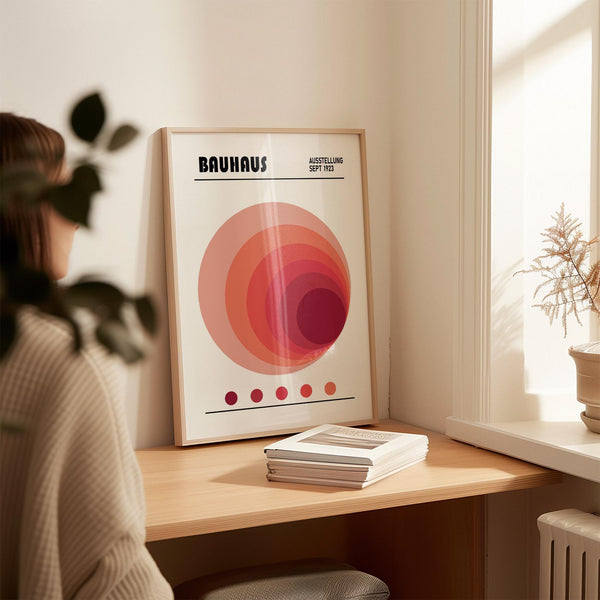 Cadres rouges Bauhaus avec cercles pour décorer les murs d'un bureau à domicile