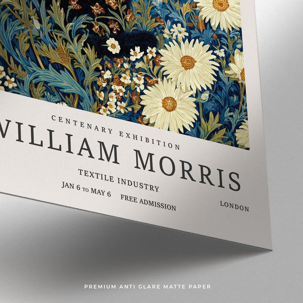 Fond floral inspiré de William Morris avec chat noir – Impression artistique Black Cat.