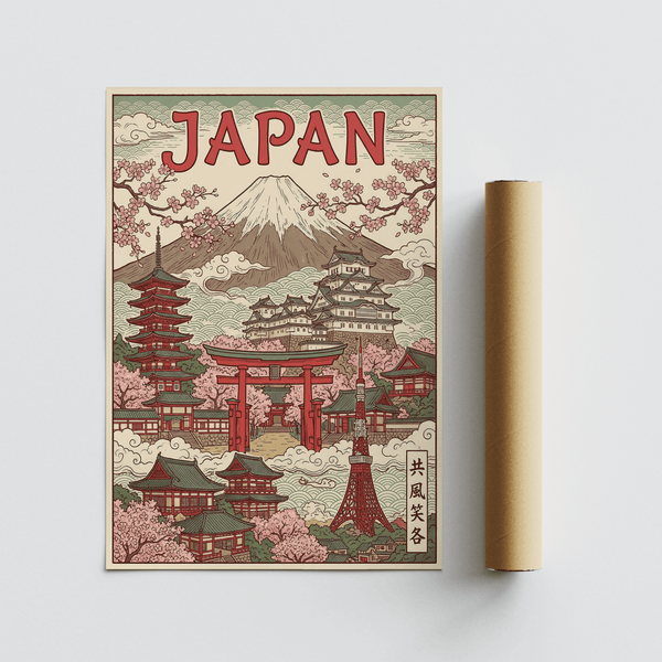 Impression artistique japonaise représentant des bâtiments historiques japonais en rose pour une affiche d'entrée