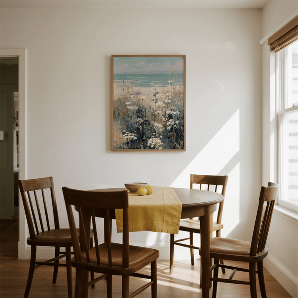 Impression Wildflower Beach mettant en valeur les couleurs bleu et marron pour une affiche de couloir