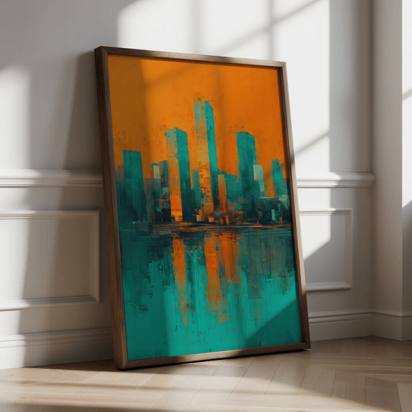 Modern Skyline Poster ideal for study with bold teal and orange colors as art print