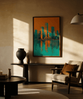 Modern Skyline Poster using teal reflections and orange tones for lounge wall art print