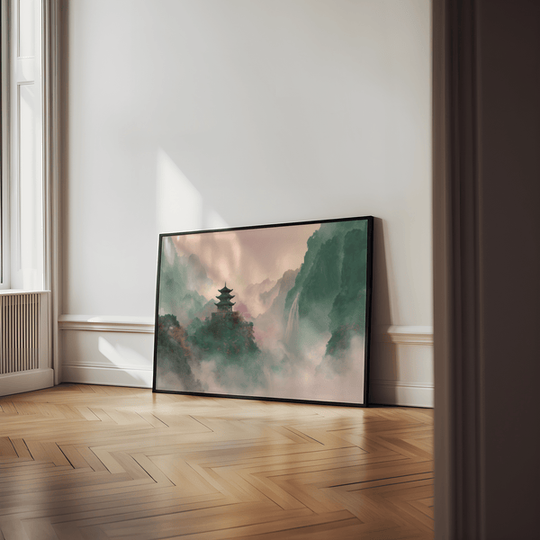 Poster décoratif « Tranquil Misty Mountain Temple Art » aux couleurs beige, vert et rose pour chambre à coucher