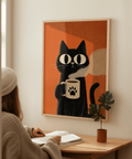 Tasse à café imprimée chat, chat noir sur fond orange, parfaite pour la salle à manger