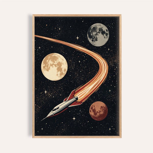 Space Themed Wall Art in Red, Beige, White, and Black for living room poster