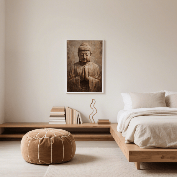 Impression artistique méditative, couleurs marron et beige, pour salle d'attente de spa