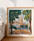 Représentation colorée de Big Ben encadrée par des arbres et une rivière dans Matisse Prints for Sale.