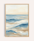 Impression artistique Ocean Wave en bleu, blanc et beige pour décorer les murs d'un salon côtier