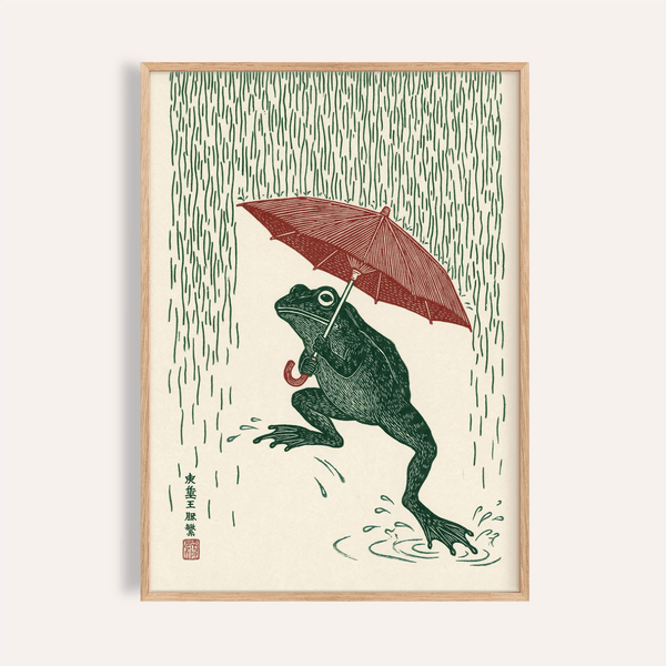 Impression artistique « Grenouille sous la pluie » avec grenouille verte et parapluie rouge, décoration murale pour salon