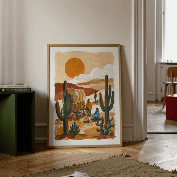 Impression artistique Desert Wagon aux accents bleus éclatants, parfaite pour une affiche dans une salle d'étude