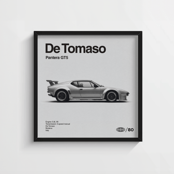 Impression De Tomaso Pantera GT5 ombrée en gris, conçue pour décorer les murs d'une pièce dédiée aux hommes.