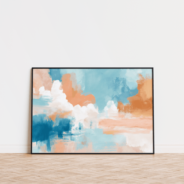 Affiche abstraite bleue et rose en bleu, rose, orange et blanc pour studio créatif