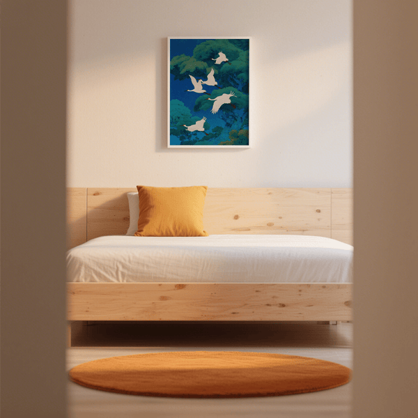 Impression artistique d'oiseaux pour une chambre d'enfant sereine, dans les tons bleu et blanc