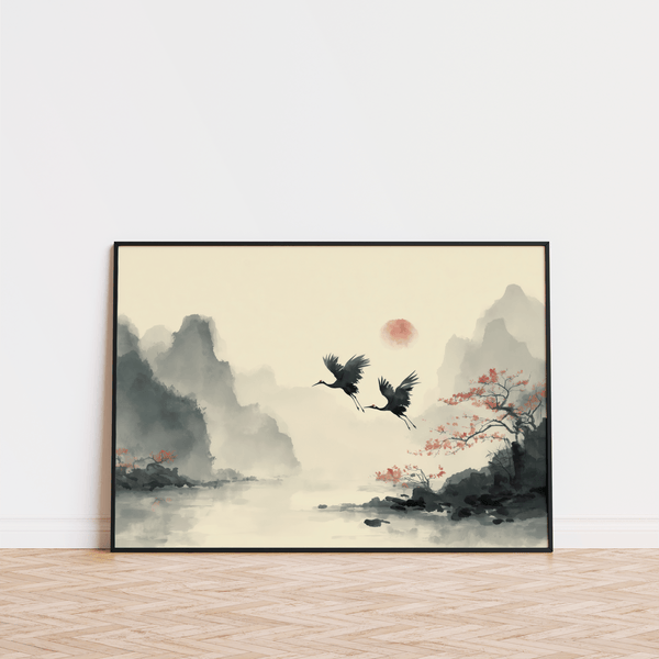 Affiche murale traditionnelle à l'encre, grues noires sur fond blanc, bureau à domicile
