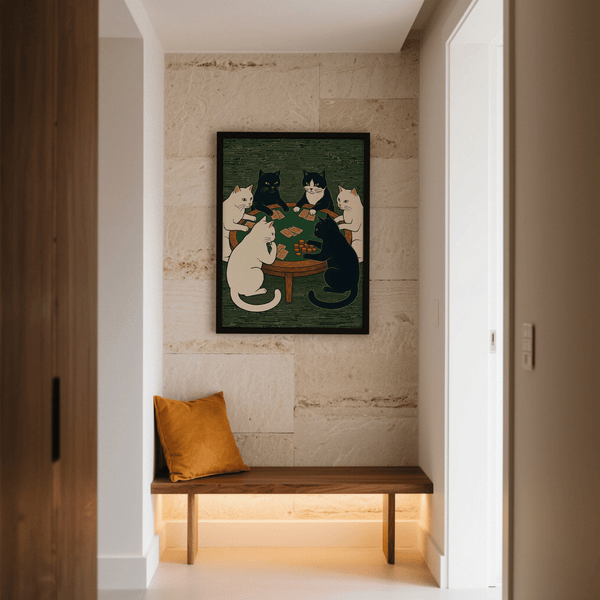 Impression artistique Cat Poker avec des chats marron et verts, idéale pour une affiche de salon