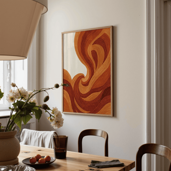 Impression artistique abstraite avec des lignes tourbillonnantes, couleurs brun beige pour salon