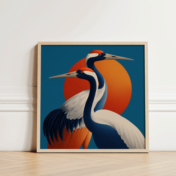 Grand poster mural représentant des oiseaux, orange et bleu, pour espace de travail