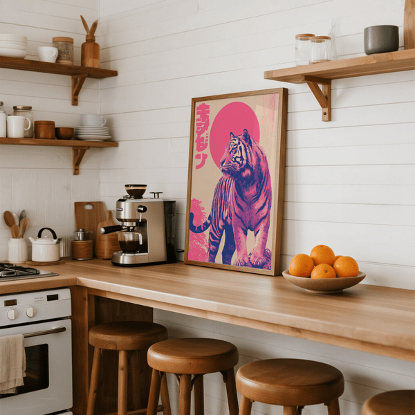 Décoration murale colorée représentant un tigre, dans les tons beige et marron, pour la chambre d'enfant